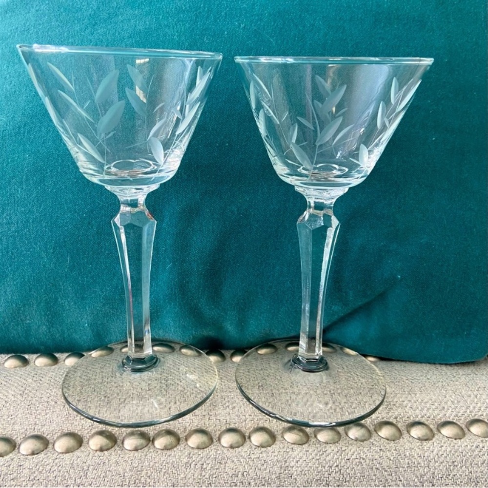 Etched Stemware *Set of 2* Vintage Cordial Sherry Glasses-Wheat Pattern Retro